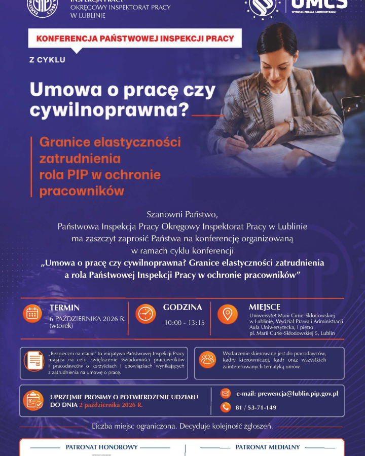 Zaproszenie na konferencję PIP i UMCS: „Umowa o pracę czy cywilnoprawna?”